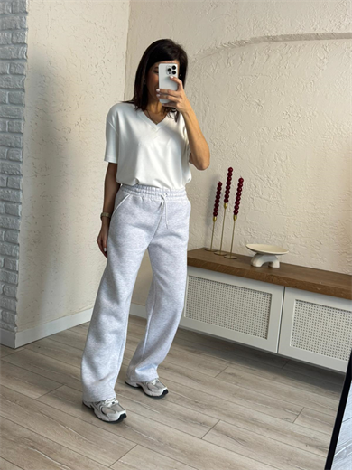 Bel Lastikli Üç İplik Şardonlu Geniş Paça Eşofman Altı Gri