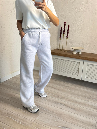 Bel Lastikli Üç İplik Şardonlu Geniş Paça Eşofman Altı Gri