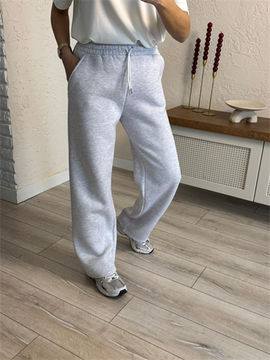 Bel Lastikli Üç İplik Şardonlu Geniş Paça Eşofman Altı Gri