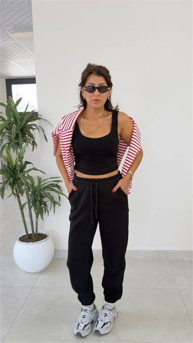 Bel Lastikli Üç İplik Şardonlu Jogger Eşofman Siyah