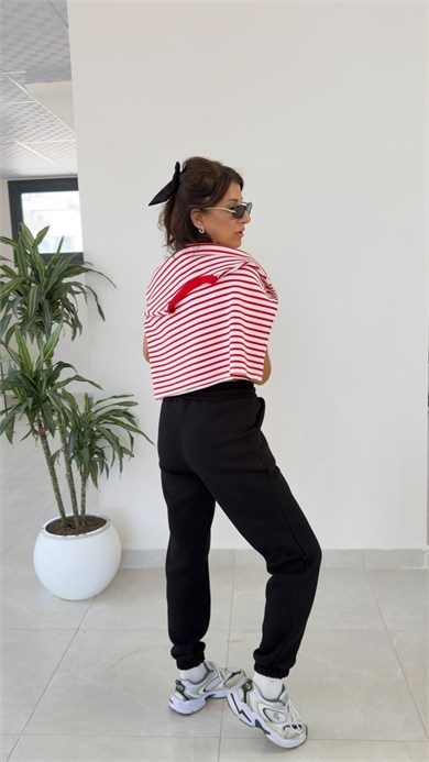 Bel Lastikli Üç İplik Şardonlu Jogger Eşofman Siyah