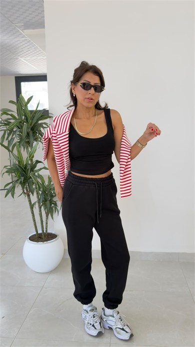 Bel Lastikli Üç İplik Şardonlu Jogger Eşofman Siyah