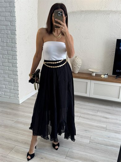 Bel Lastikli Yarım Astarlı Asimetrik Tül Etek Siyah