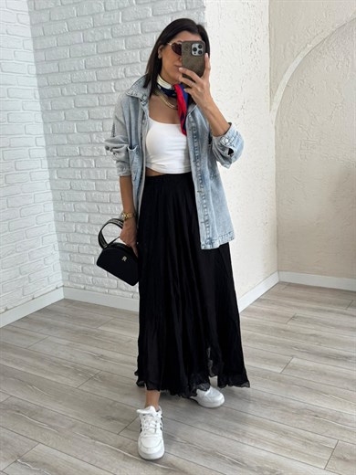 Bel Lastikli Yarım Astarlı Asimetrik Tül Etek Siyah