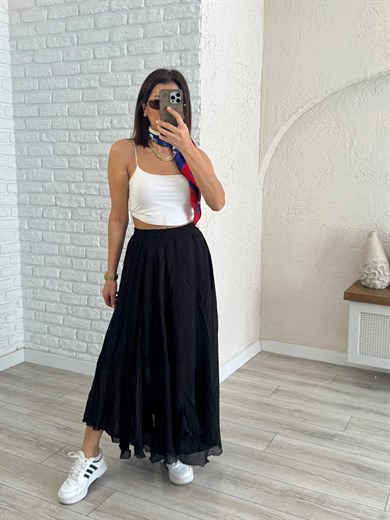 Bel Lastikli Yarım Astarlı Asimetrik Tül Etek Siyah