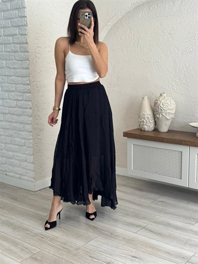Bel Lastikli Yarım Astarlı Asimetrik Tül Etek Siyah