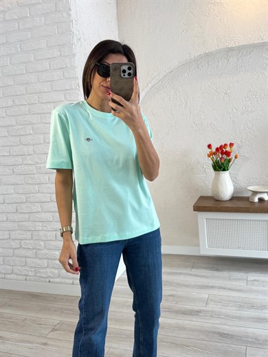 Bisiklet Yaka Arma Nakışlı Pamuklu Tişört Mint