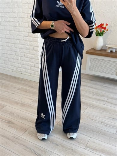 Bisiklet Yaka Asimetrik Şeritli Modal Takım Lacivert 