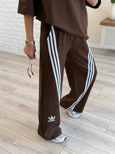 Bisiklet Yaka Asimetrik Şeritli Modal Takım Kahve