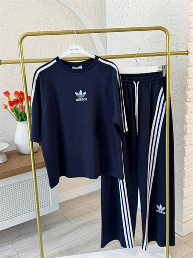 Bisiklet Yaka Asimetrik Şeritli Modal Takım Lacivert 