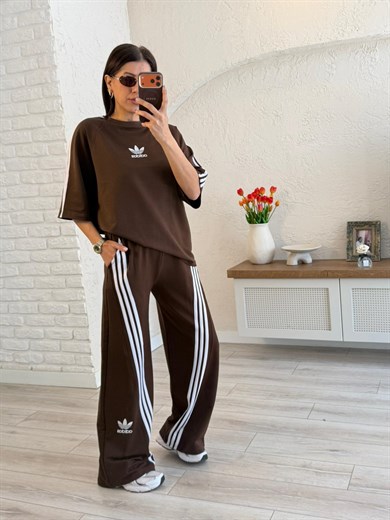 Bisiklet Yaka Asimetrik Şeritli Modal Takım Kahve