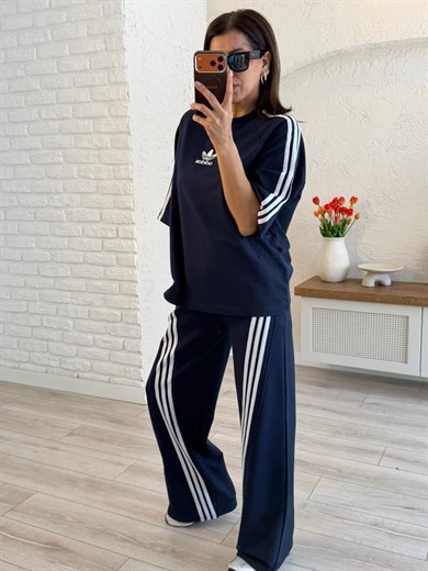 Bisiklet Yaka Asimetrik Şeritli Modal Takım Lacivert 