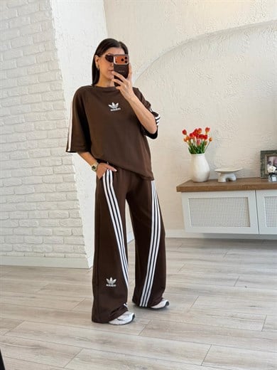 Bisiklet Yaka Asimetrik Şeritli Modal Takım Kahve