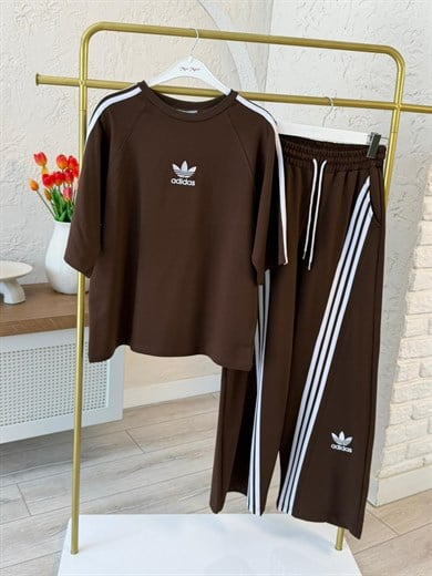 Bisiklet Yaka Asimetrik Şeritli Modal Takım Kahve