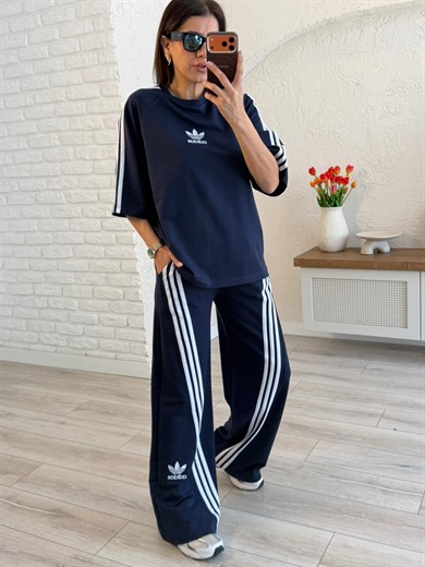 Bisiklet Yaka Asimetrik Şeritli Modal Takım Lacivert 