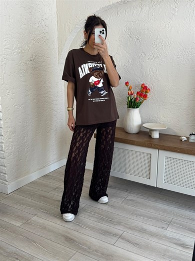 Bisiklet Yaka California Teddy Oversıze Tshirt Kahve