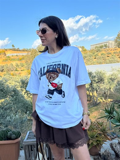 Bisiklet Yaka California Teddy Oversıze Tshirt Beyaz