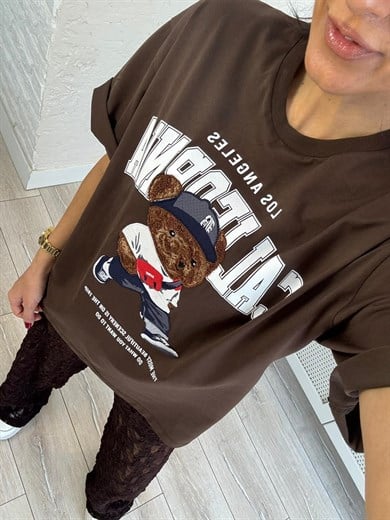 Bisiklet Yaka California Teddy Oversıze Tshirt Kahve