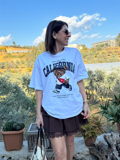 Bisiklet Yaka California Teddy Oversıze Tshirt Beyaz