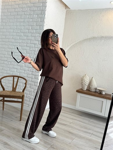 Bisiklet Yaka Şeritli Leopar Desenli Takım kahve 