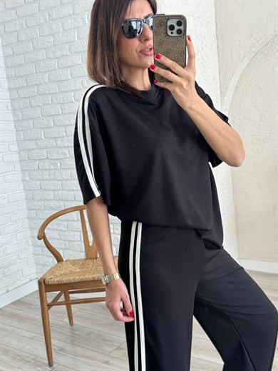 Bisiklet Yaka Çift Şeritli Modal Kumaş Takım Siyah