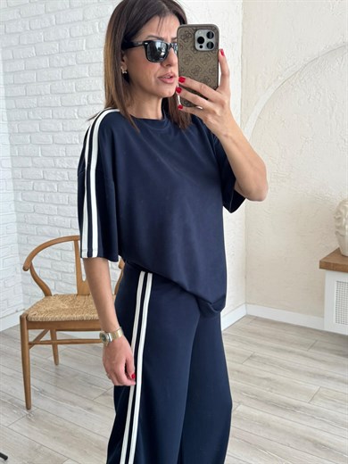 Bisiklet Yaka Çift Şeritli Modal Kumaş Takım Lacivert