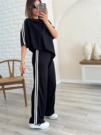 Bisiklet Yaka Çift Şeritli Modal Kumaş Takım Siyah