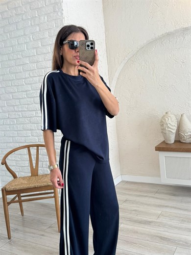 Bisiklet Yaka Çift Şeritli Modal Kumaş Takım Lacivert