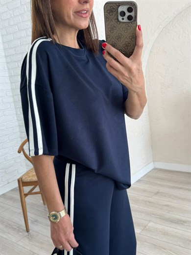 Bisiklet Yaka Çift Şeritli Modal Kumaş Takım Lacivert