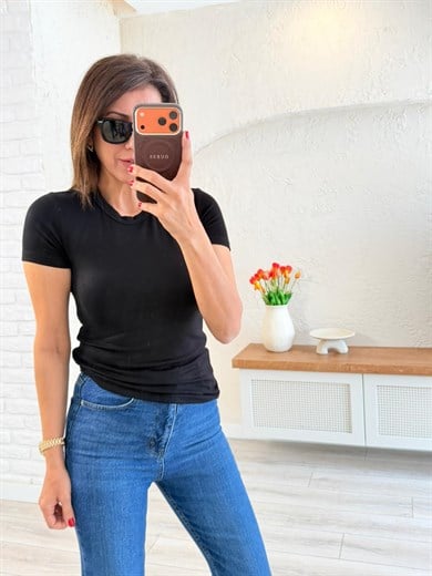 Bisiklet Yaka Düz Basic Badi Siyah