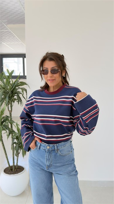 Bisiklet Yaka Geniş Kol Bordo Çizgili Sweat Lacivert