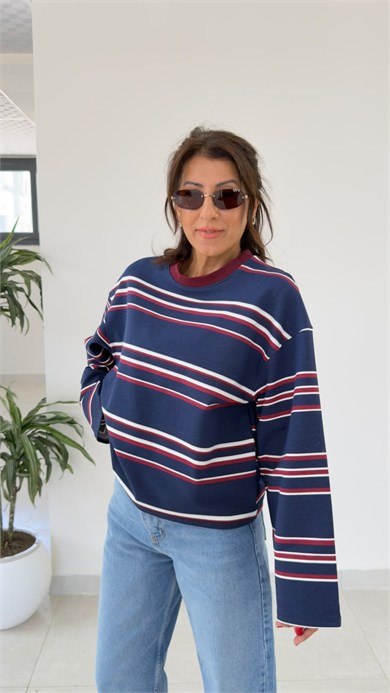 Bisiklet Yaka Geniş Kol Bordo Çizgili Sweat Lacivert