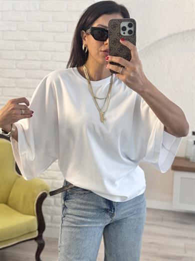 Bisiklet Yaka Geniş Kol Sırt Dikiş Detaylı Tshirt Beyaz 