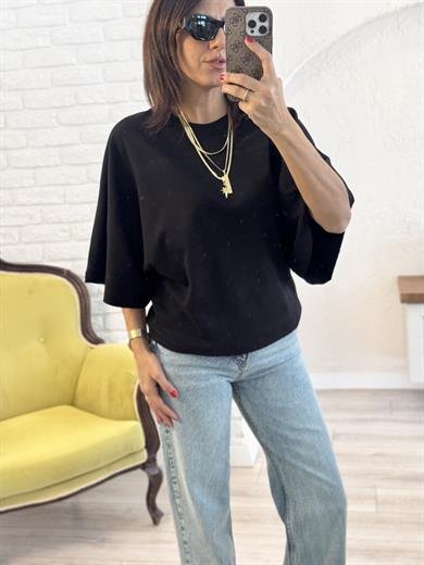 Bisiklet Yaka Geniş Kol Sırt Dikiş Detaylı Tshirt Siyah