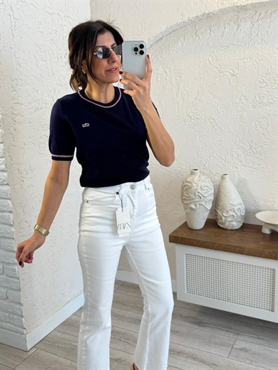 Bisiklet Yaka Kol ve Yaka Şeritli Lüx Triko Lacivert 