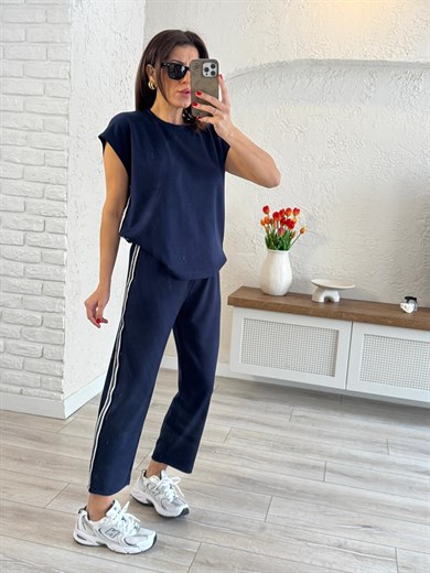 Bisiklet Yaka Kolsuz Yan Şeritli Modal Takım Lacivert