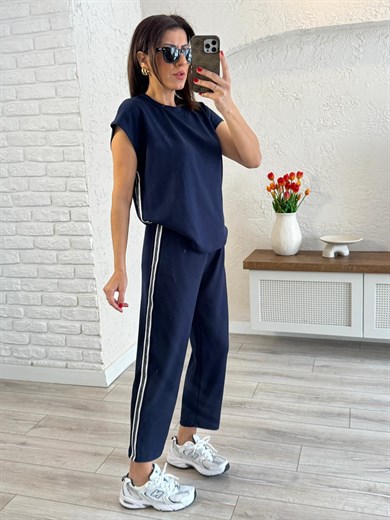 Bisiklet Yaka Kolsuz Yan Şeritli Modal Takım Lacivert