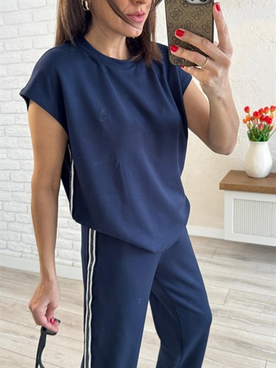 Bisiklet Yaka Kolsuz Yan Şeritli Modal Takım Lacivert