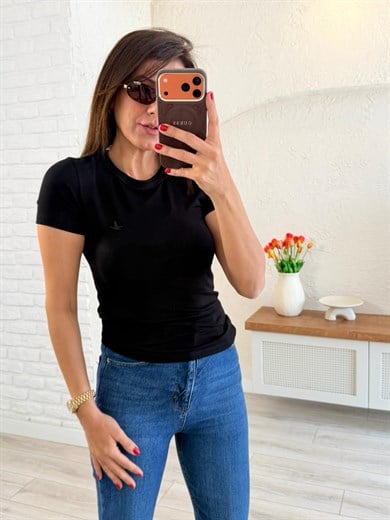 Bisiklet Yaka Kuş Nakışlı Pamuklu Badi Siyah