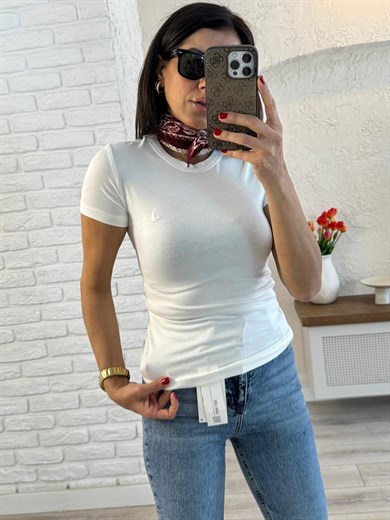 Bisiklet Yaka Kuş Nakışlı Pamuklu Badi Ekru