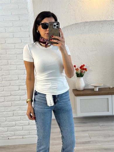 Bisiklet Yaka Kuş Nakışlı Pamuklu Badi Ekru