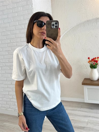 Bisiklet Yaka Kuş Nakışlı Pamuklu Tişört Ekru 