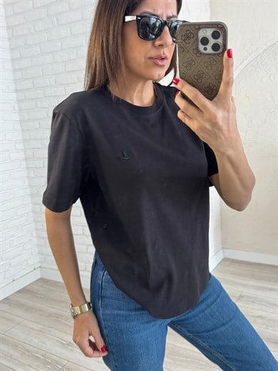 Bisiklet Yaka Kuş Nakışlı Pamuklu Tişört Siyah