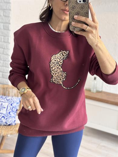 Bisiklet Yaka Leopar Figürlü Sweat Bordo