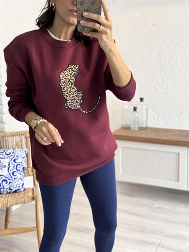 Bisiklet Yaka Leopar Figürlü Sweat Bordo