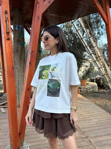 Bisiklet Yaka Lıme Baskı Oversıze Tişört Ekru