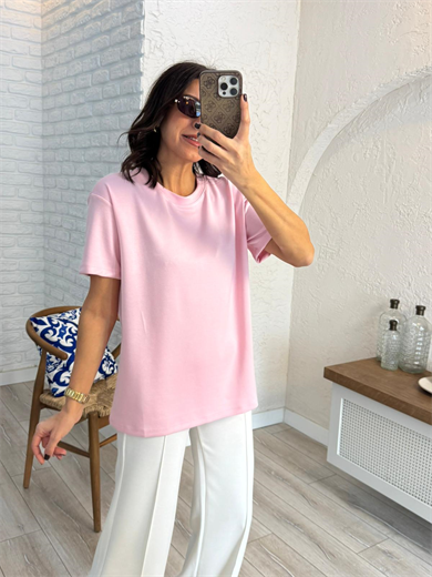 Bisiklet Yaka Modal Kumaş Tişört Pembe