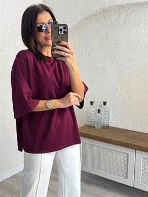 Bisiklet Yaka Modal Kumaş Yan Yırtmaçlı Tişört Bordo