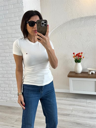 Bisiklet Yaka Nakışlı Pamuklu Badi Tom Ekru