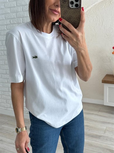 Bisiklet Yaka Nakışlı Pamuklu Tişört Beyaz